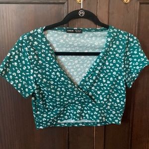 Green with white floral print crop top